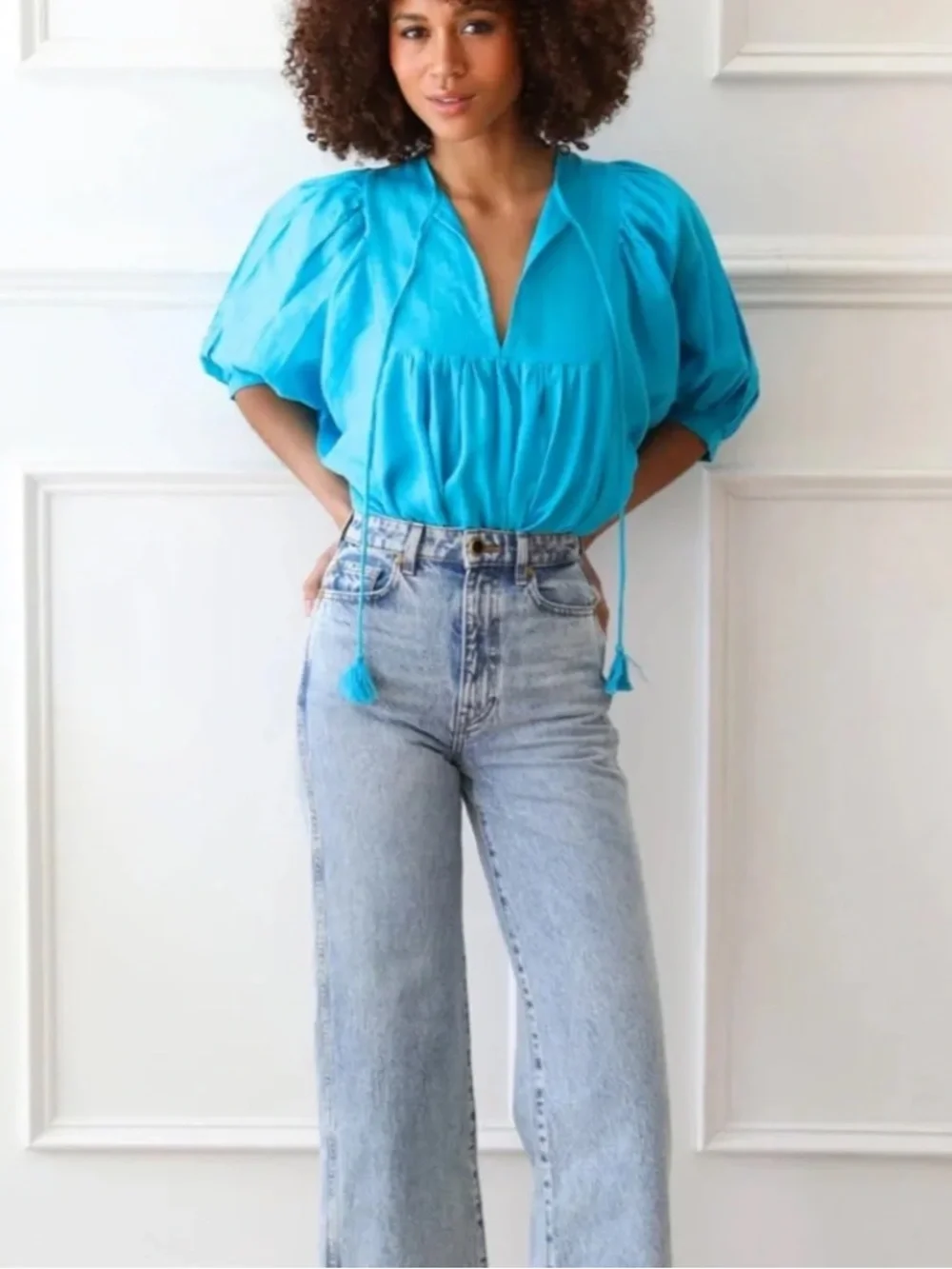 Mille | Women’s Teal Blue Linen Thalia V-Neck Tassel Tie Puff Sleeve Peasant Top